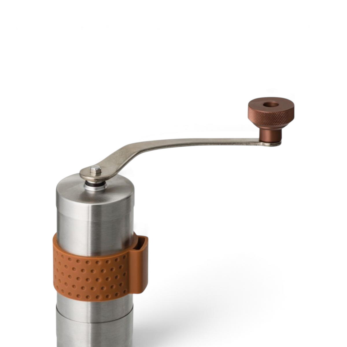 Adversary Force Helikon portable stainless steel manual coffee grinder with ceramic burr and brown silicone grip