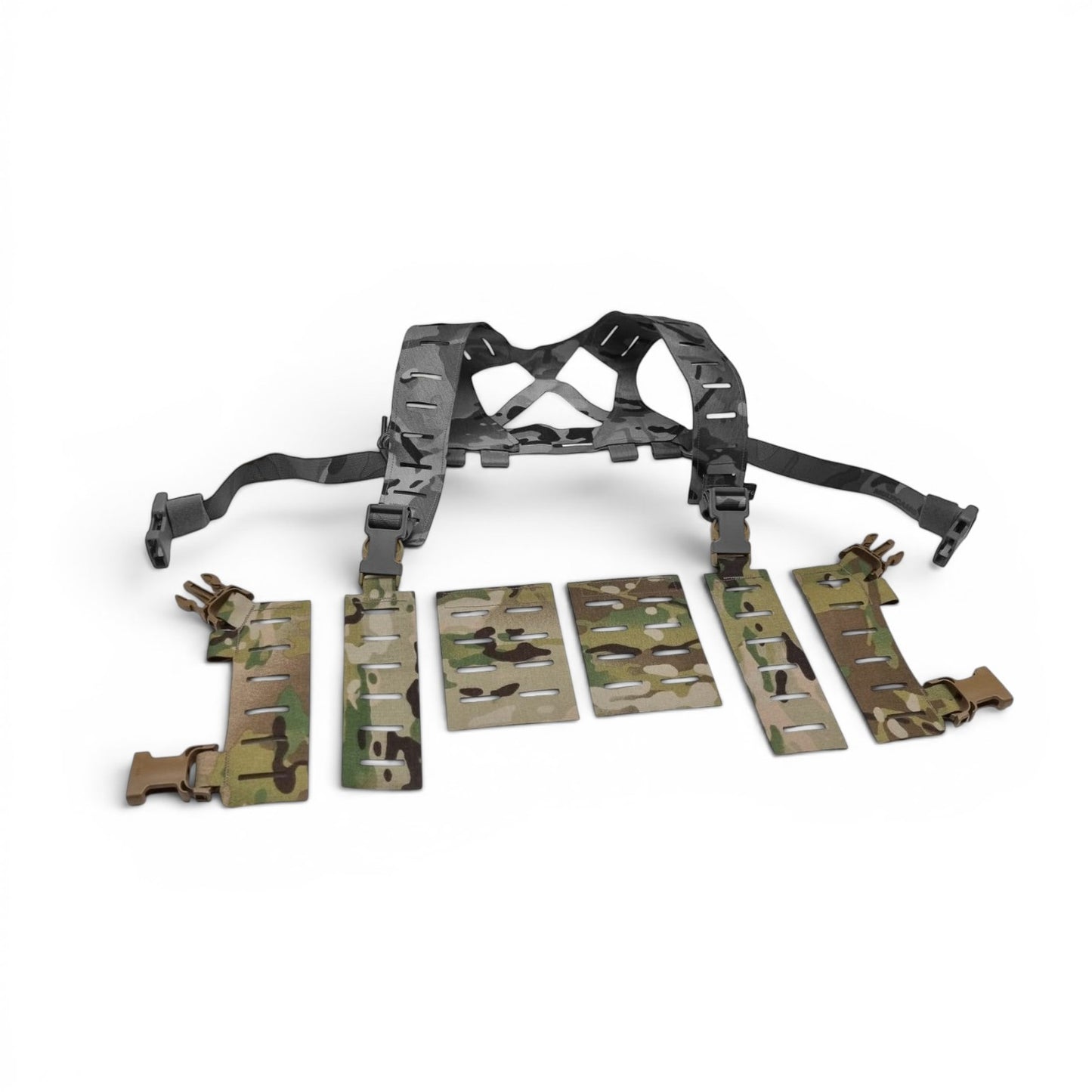 Adversary Force L4 The PUZZLE modular chest rig kit in multicam camo with MOLLE attachment panels and buckles.