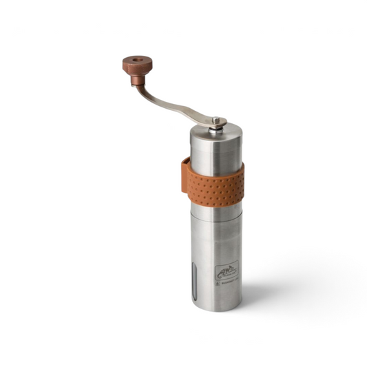Adversary Force Helikon Camp stainless steel manual coffee grinder with ceramic burr and brown silicone grip