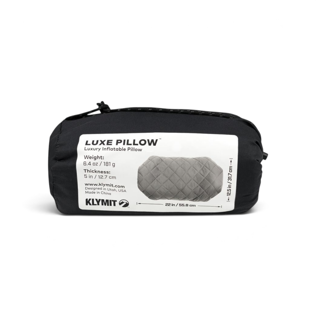 Adversary Force Klymit Luxe Pillow in its compact black storage bag with product specifications label attached.