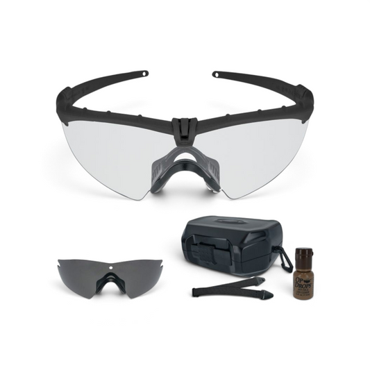Adversary Force Oakley SI Ballistic M-Frame 3.0 set with black frame, clear and grey lenses, case, and lens cleaner.