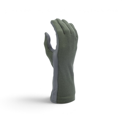 Adversary Force olive green Nomex pilot gloves with leather palm and long cuff for heat-resistant tactical protection