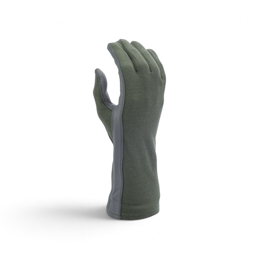 Adversary Force olive green Nomex pilot gloves with leather palm and long cuff for heat-resistant tactical protection