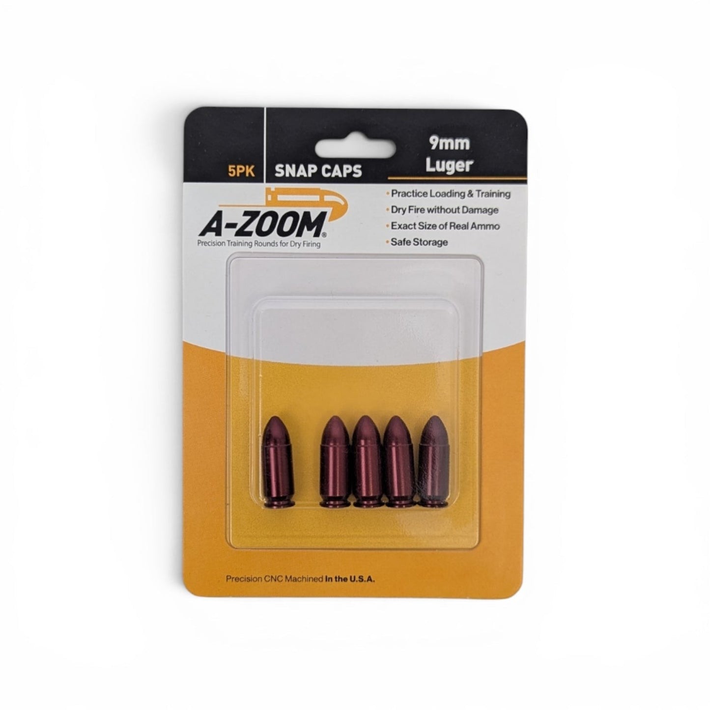 Adversary Force A-Zoom 9mm Luger snap caps in a 5-pack, red aluminum dummy rounds for safe dry fire training.