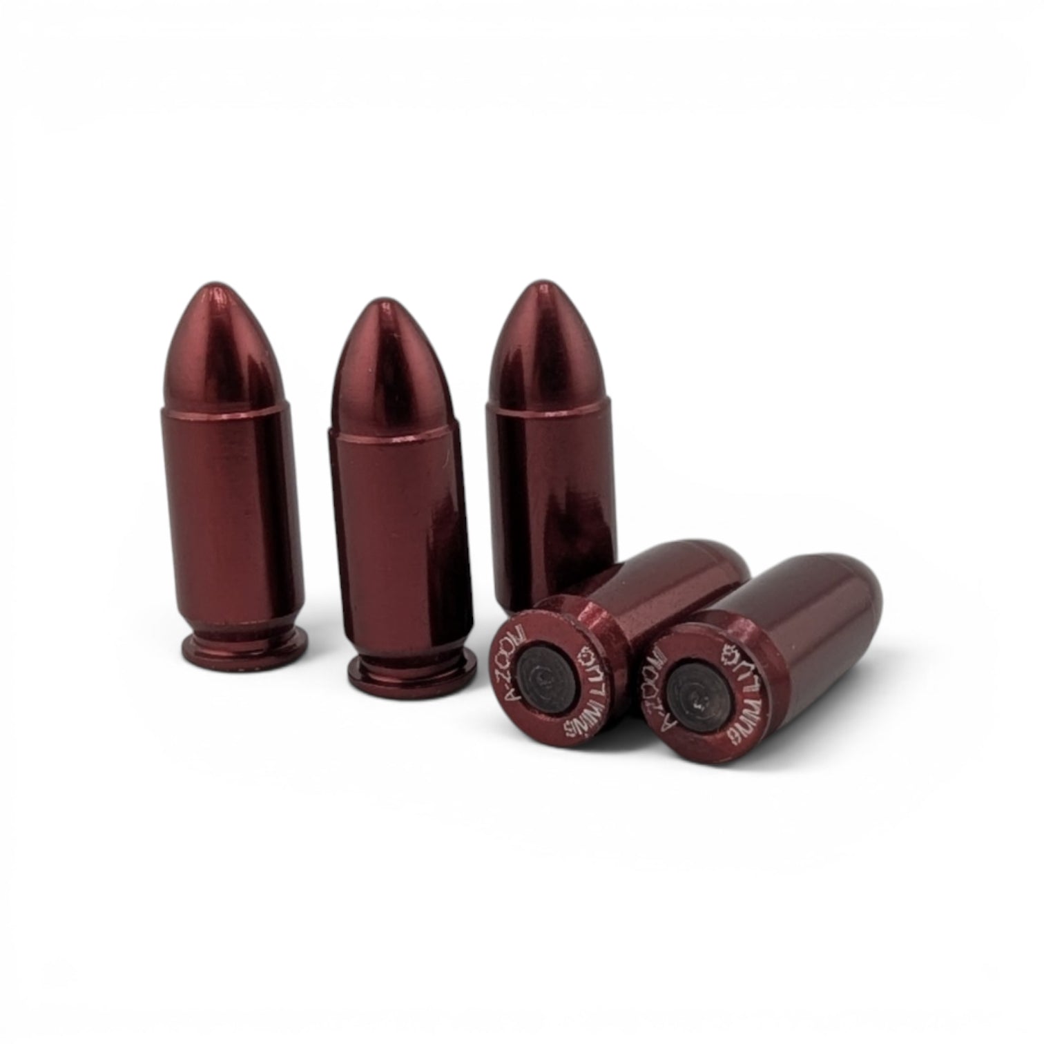 Adversary Force A-Zoom 9mm Luger aluminum snap caps, pack of 5 deep red dummy rounds for safe firearm training.