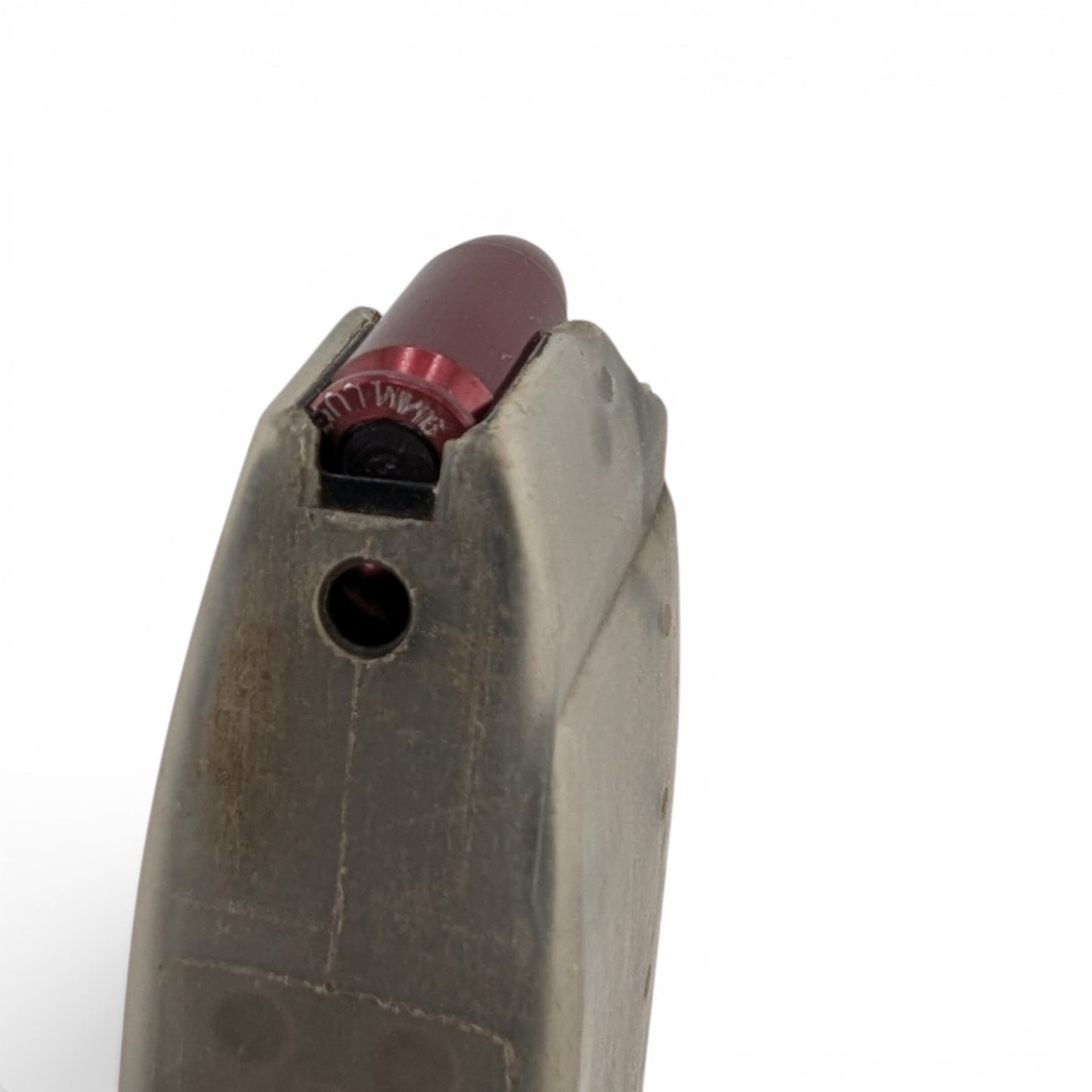 Adversary Force A-Zoom 9mm Luger red aluminum snap cap loaded in a translucent pistol magazine for dry fire training