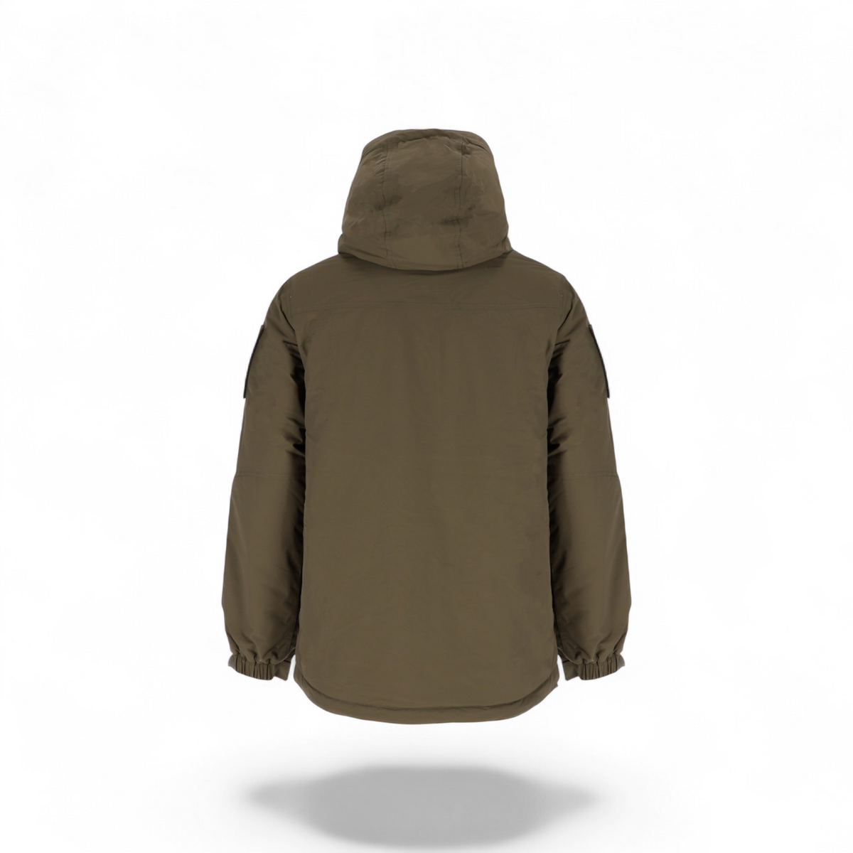 Back view of the olive green Adversary Force AB Jacket ECW Level 7, featuring an insulated hood and nylon ripstop.