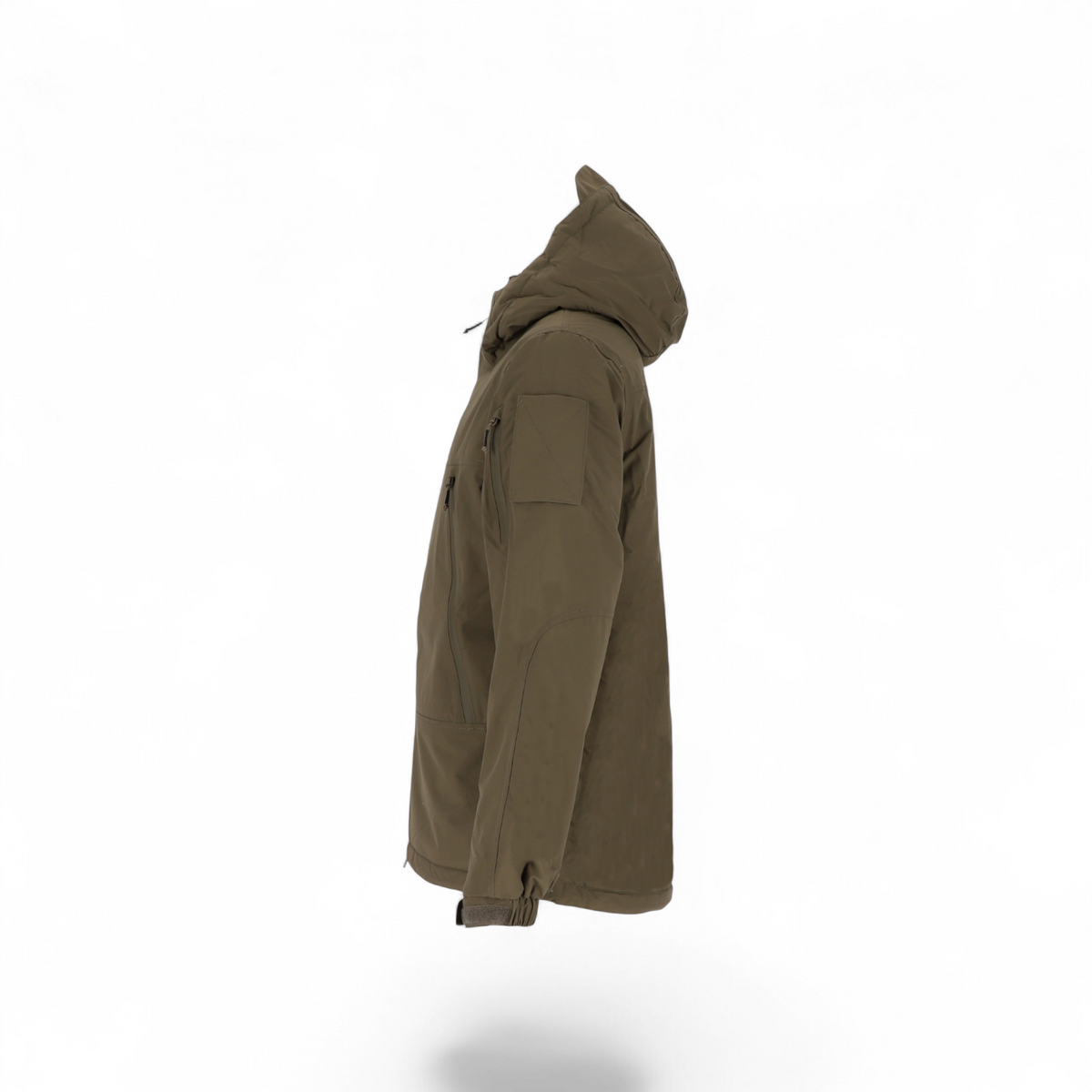 Adversary Force AB Jacket ECW Level 7 in olive green, featuring an insulated hood and tactical arm patch panels.