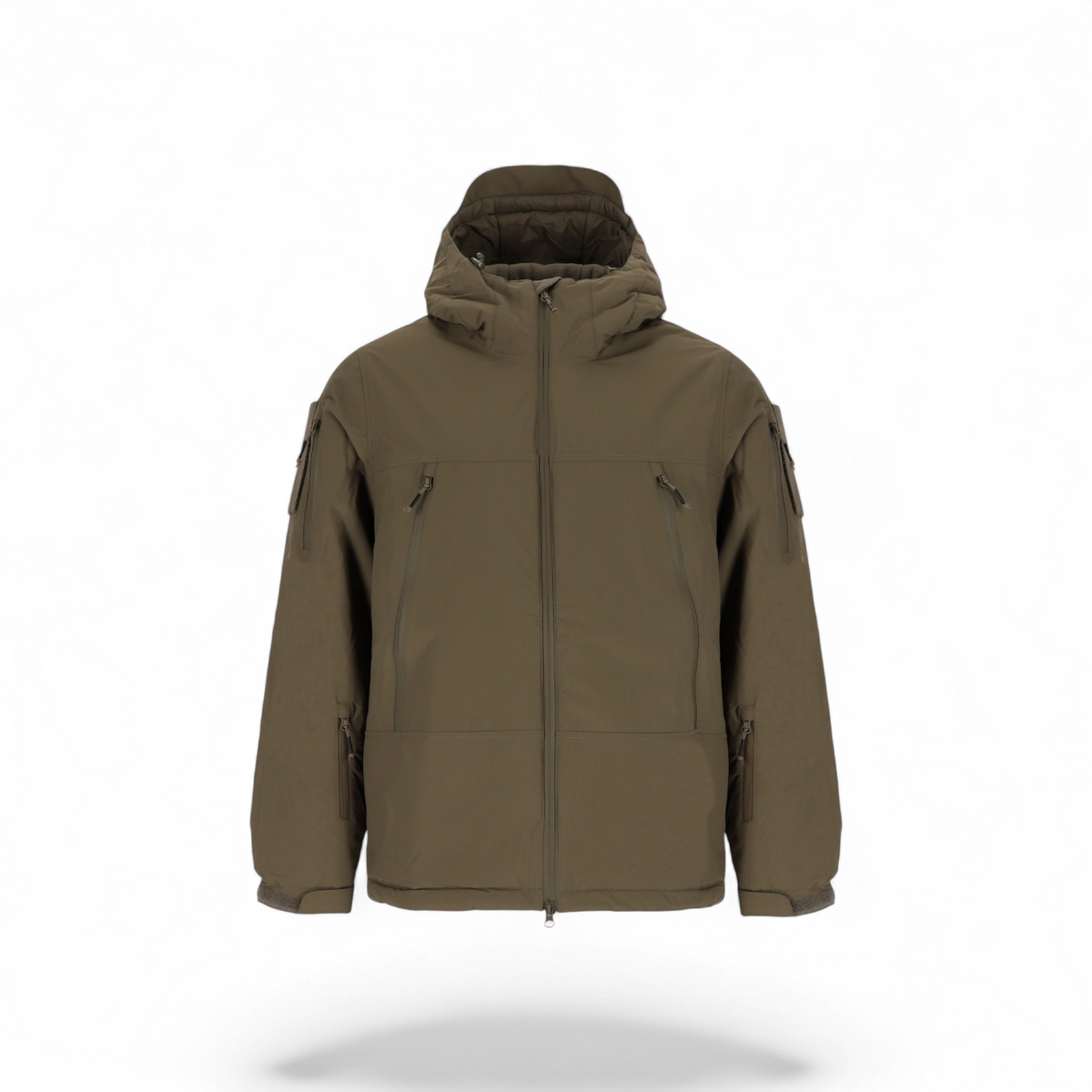 Adversary Force AB Jacket ECW Level 7 in olive green, featuring a hood, zip pockets, and PrimaLoft insulation.