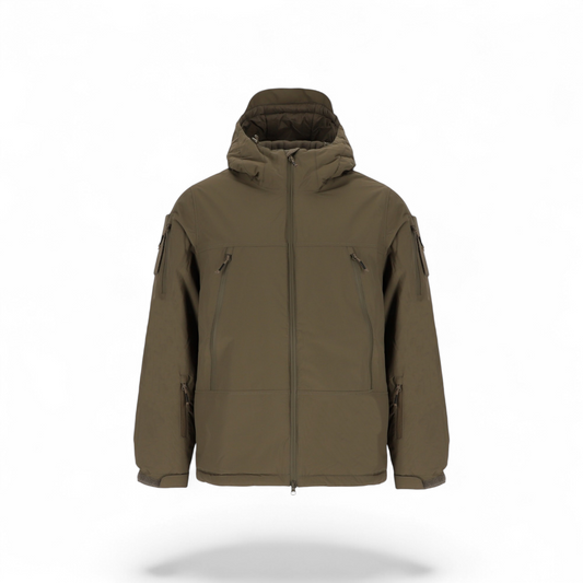 Adversary Force AB Jacket ECW Level 7 in olive green, featuring a hood, zip pockets, and PrimaLoft insulation.