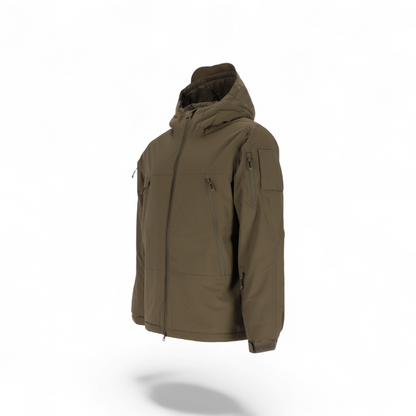 Adversary Force AB Jacket ECW Level 7 in olive green, featuring a hooded design, zip pockets, and PrimaLoft insulation.
