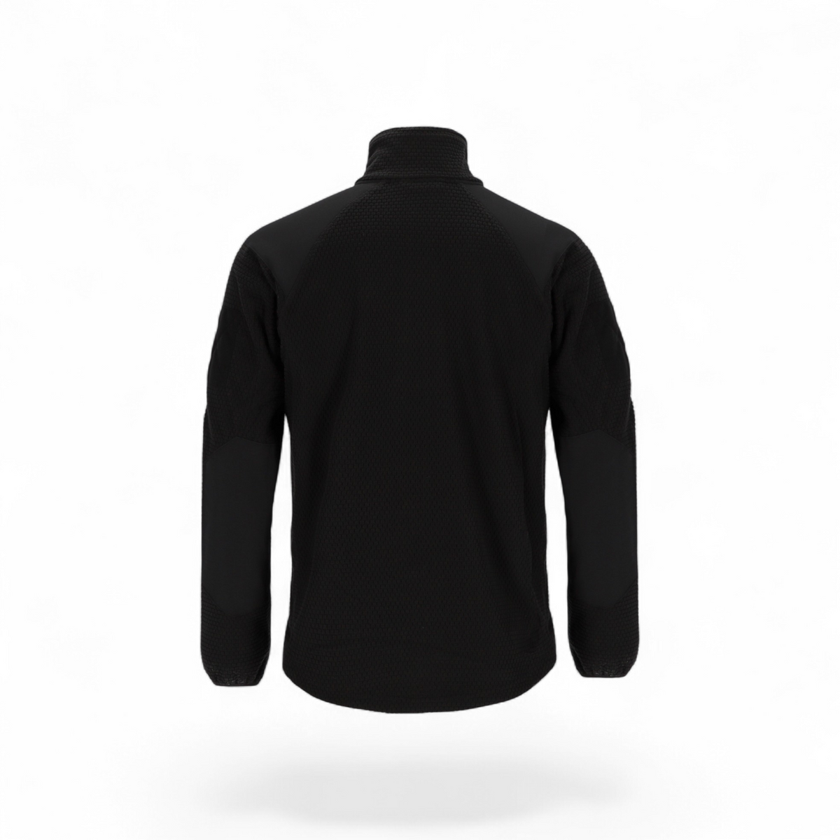 Adversary Force black grid fleece tactical jacket, back view showing reinforced panels and breathable texture.