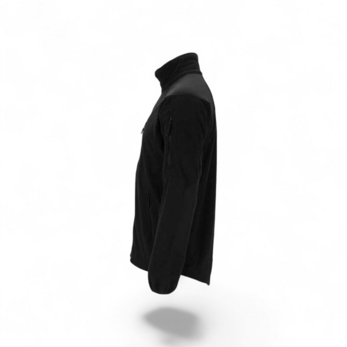 Adversary Force black tactical grid fleece jacket with side view showing YKK zipper pockets and high collar