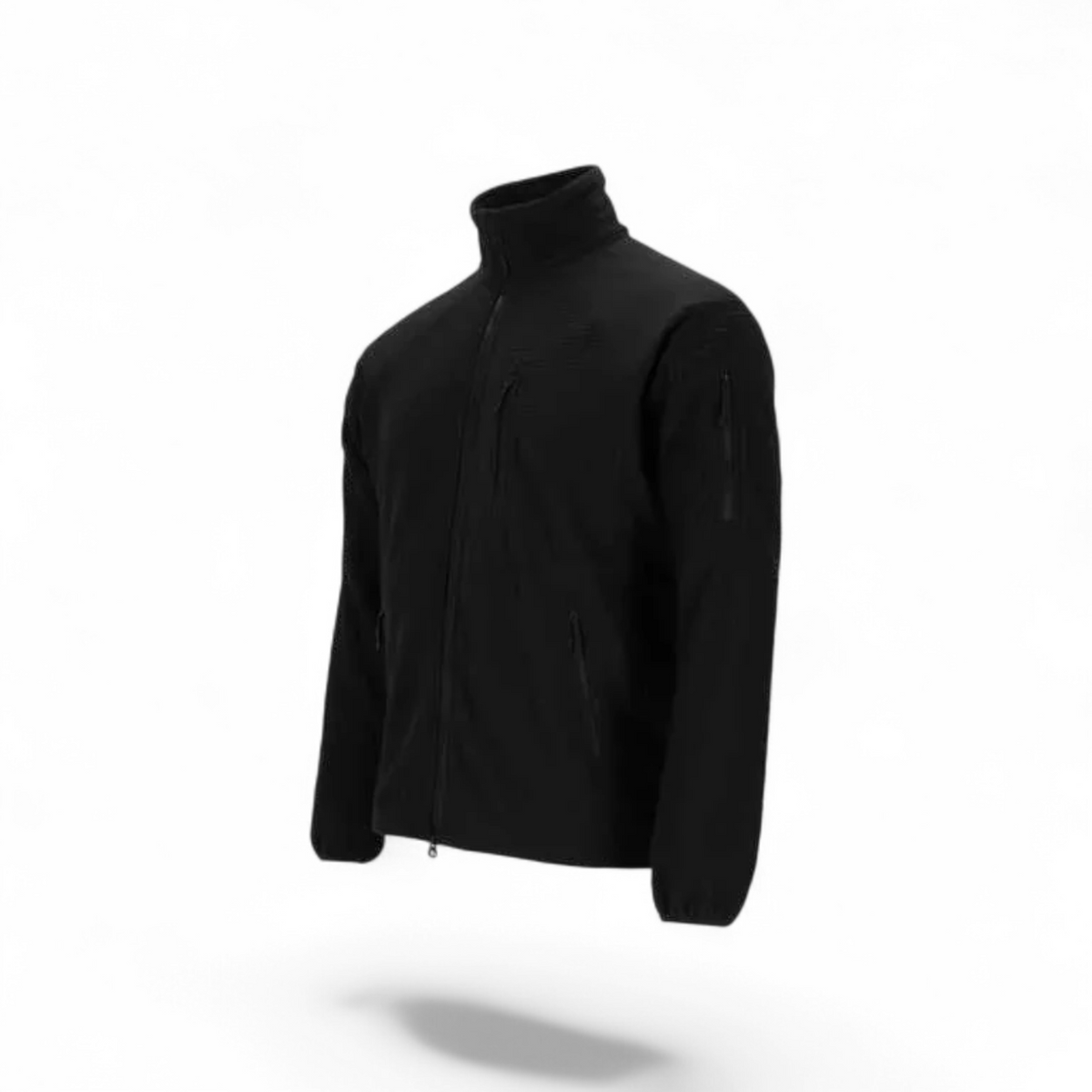 Adversary Force black tactical grid fleece jacket with YKK zippers, chest and sleeve pockets, and high collar.
