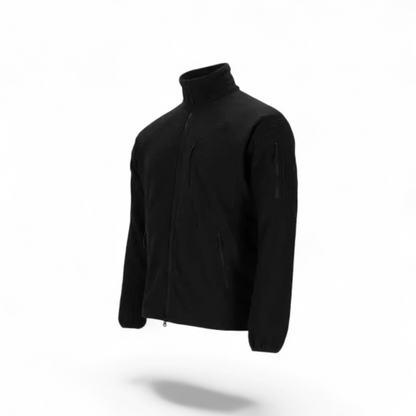 Adversary Force black tactical grid fleece jacket with YKK zippers, chest and sleeve pockets, and high collar.