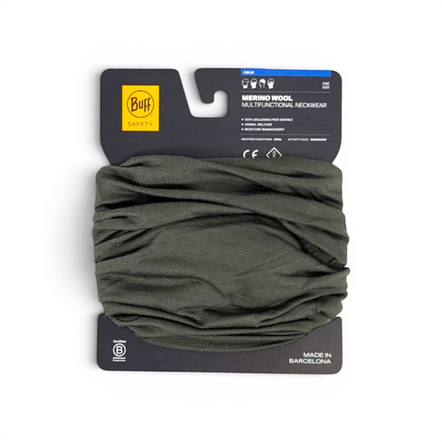 Adversary Force BUFF Merino Lightweight Multifunktionstuch in Olivgrün aus weicher Merinowolle auf der Originalverpackung