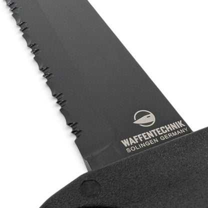 Adversary Force Eickhorn BW KM2K-Tanto combat knife with black non-reflective serrated blade and Waffentechnik logo