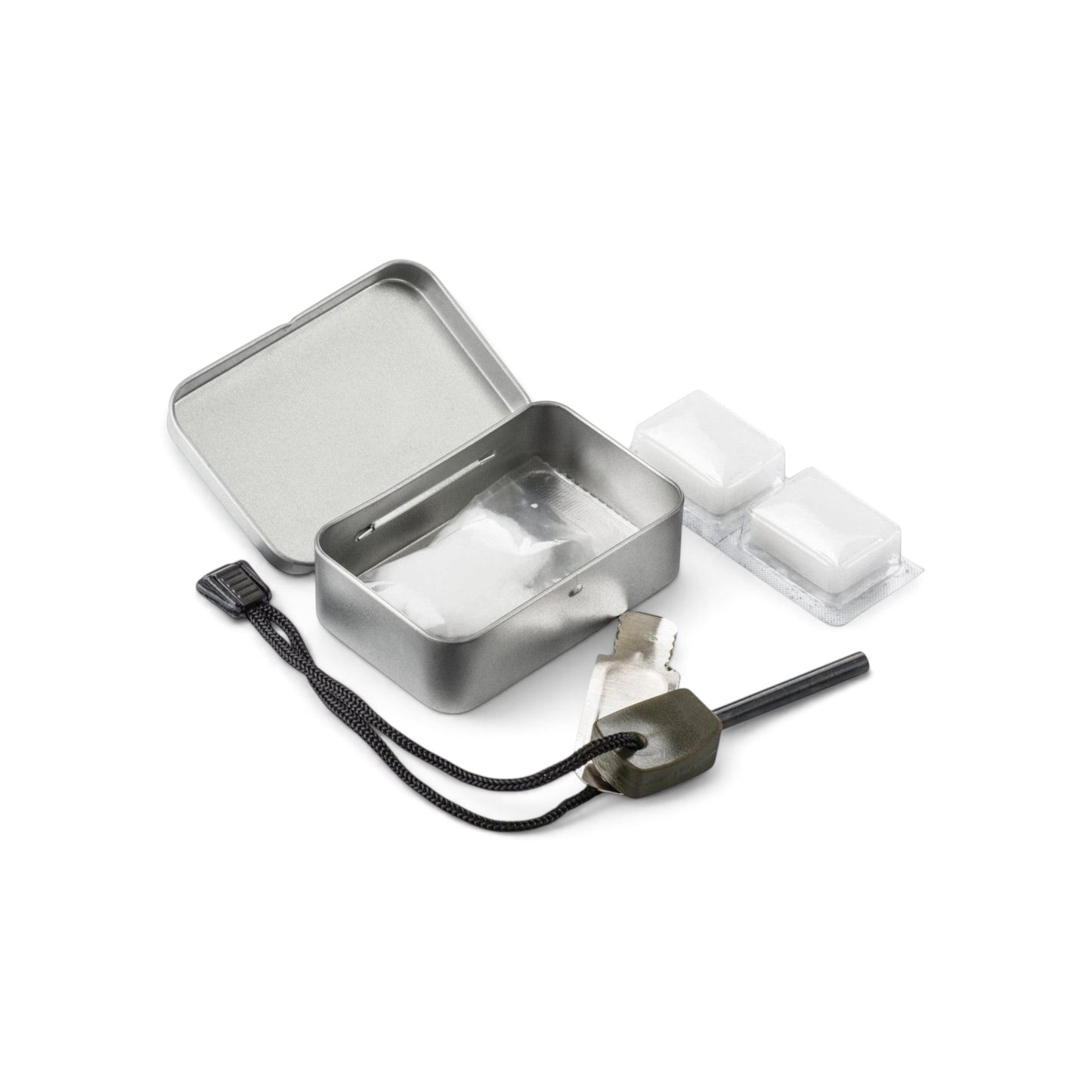 Adversary Force Helikon Scout Mk2 ferrocerium fire starter kit with metal tin, tinder, and fuel in a white background