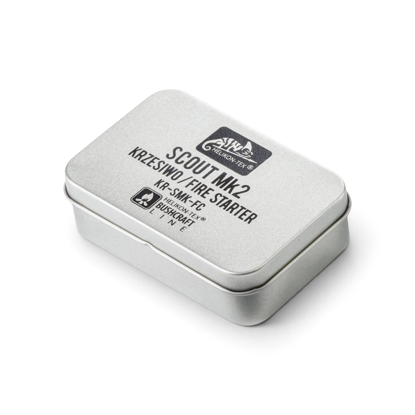 Adversary Force Helikon Scout Mk2 fire starter kit in a compact silver metal tin for bushcraft and survival