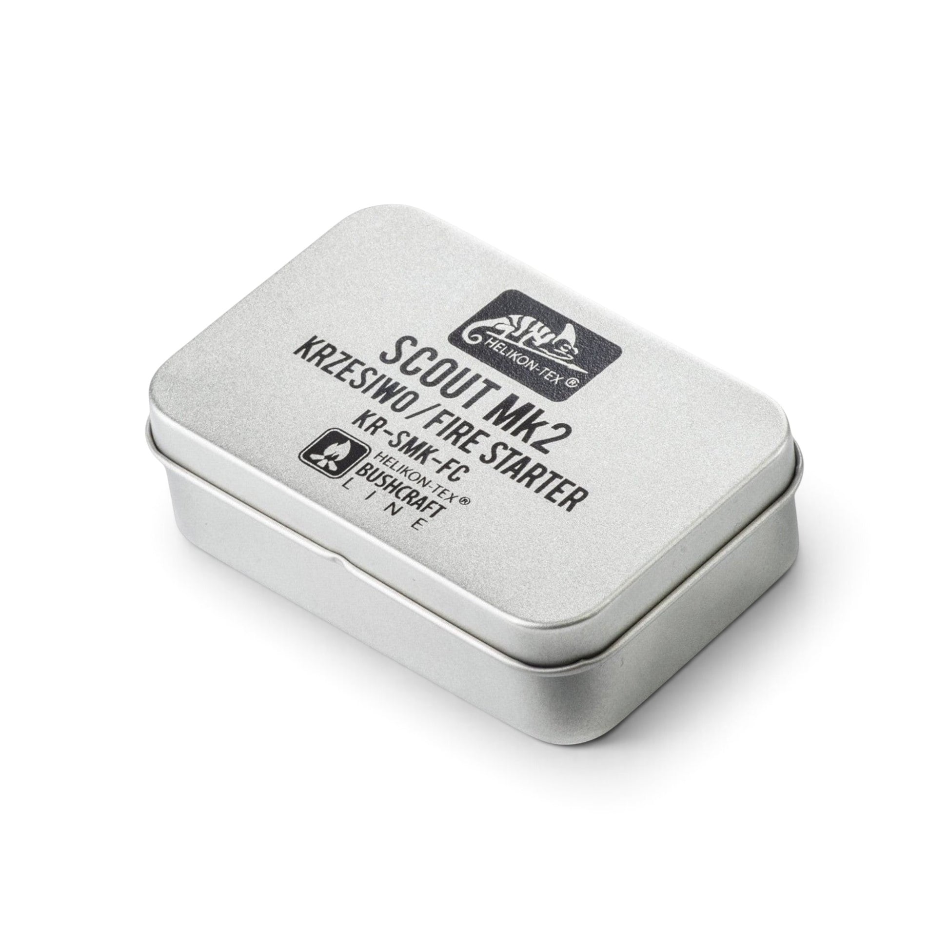 Adversary Force Helikon Scout Mk2 fire starter kit in a compact silver metal tin for bushcraft and survival