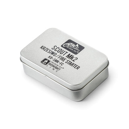 Adversary Force Helikon Scout Mk2 fire starter kit in a compact silver metal tin for bushcraft and survival