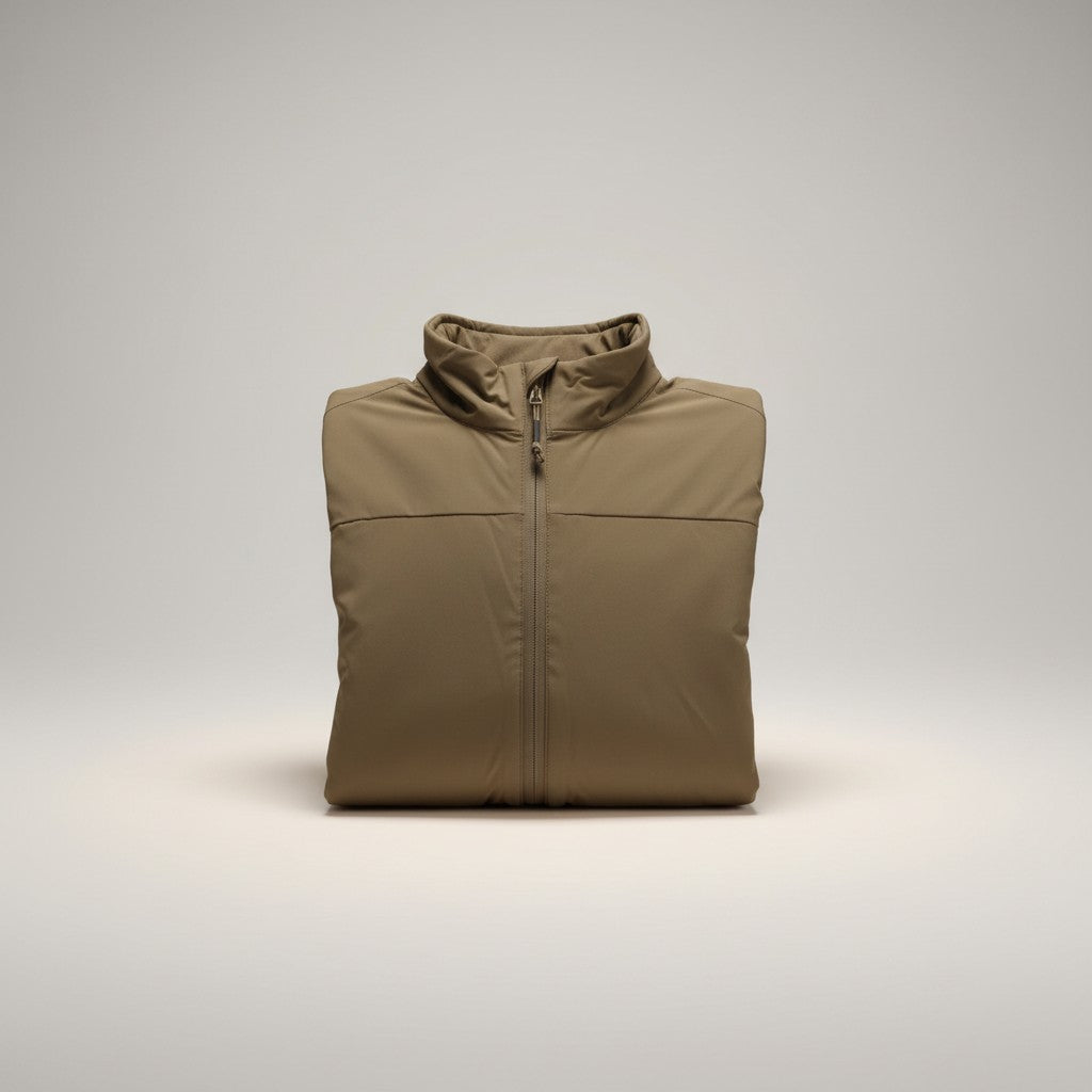 A.Blöchl Hooded Lacket "Insulated" Level 4 in Khaki, mit PrimaLoft®-Isolierung, wasserabweisend und atmungsaktiv. Mit Klettfläche am Arm.