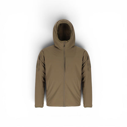 Adversary Force Khaki Kapuzenjacke mit PrimaLoft®-Isolierung, wasserabweisend und atmungsaktiv, ideal für wechselhaftes Wetter.