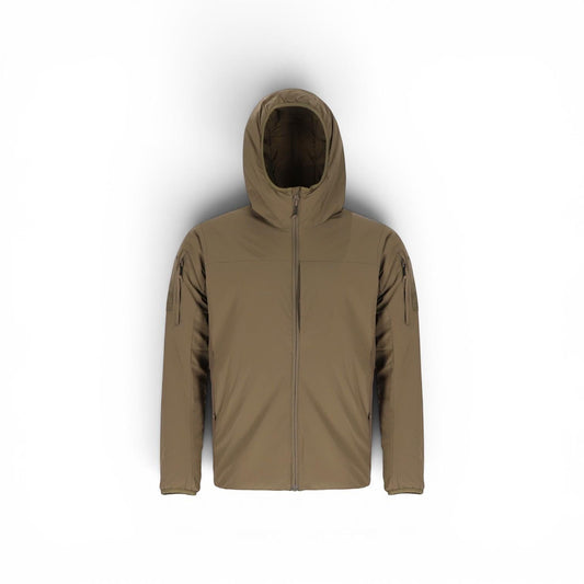 Adversary Force Khaki Kapuzenjacke mit PrimaLoft®-Isolierung, wasserabweisend und atmungsaktiv, ideal für wechselhaftes Wetter.