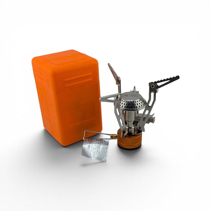 Adversary Force klappbarer Gaskocher aus Edelstahl mit Piezo-Zündung und orangefarbener Transportbox für Outdoor-Camping