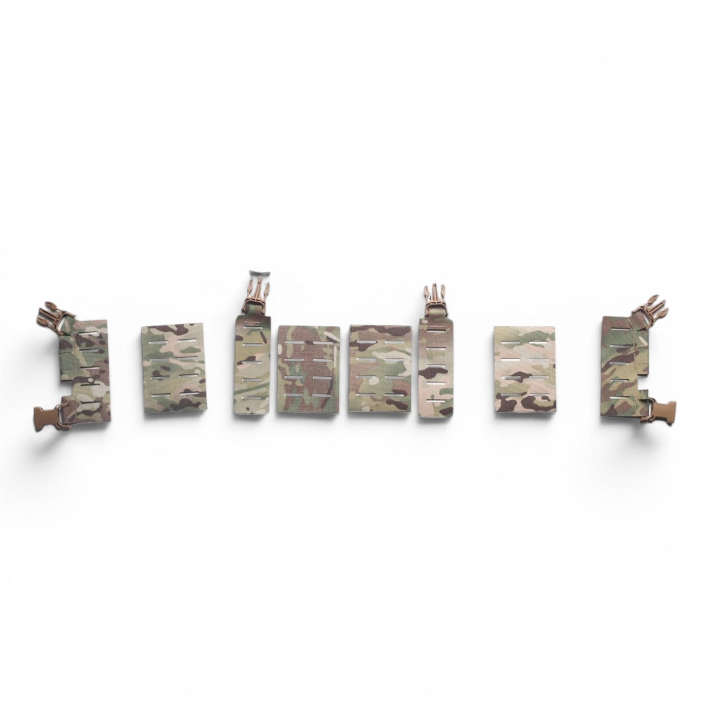 Adversary Force L4 The PUZZLE modular chest rig components in multicam camouflage with buckles on a white background.