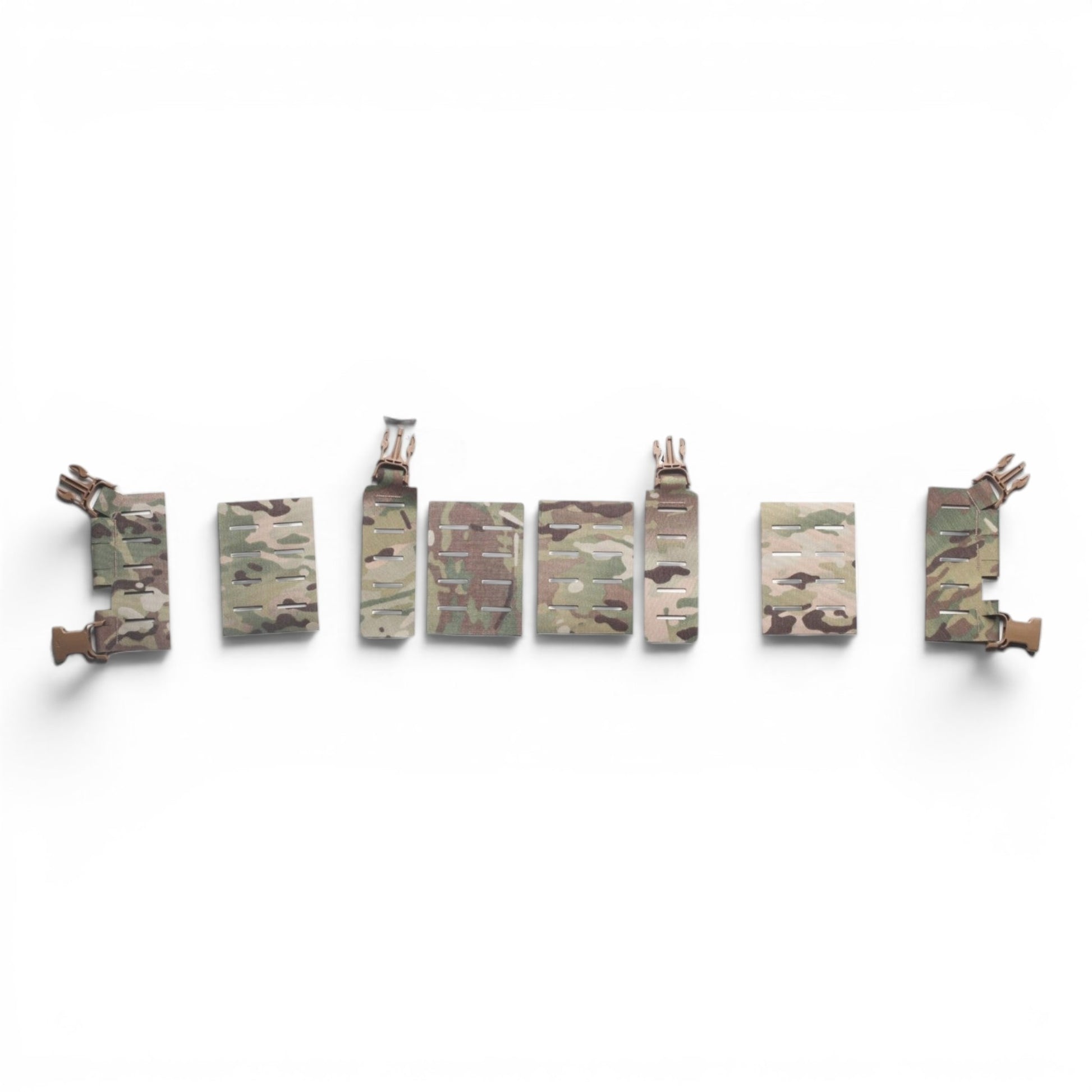Adversary Force L4 The PUZZLE modular chest rig components in multicam camouflage with buckles on a white background.
