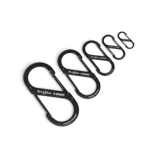 Adversary Force Nite Ize S-Biner stainless steel double-gated carabiners in five different sizes in black finish
