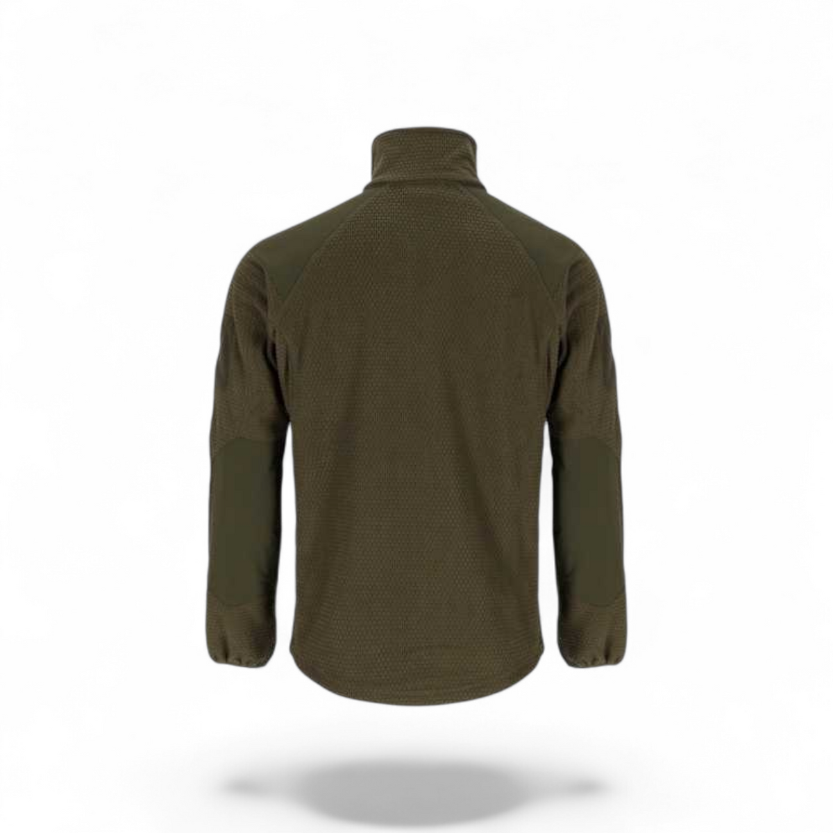 Adversary Force olive green grid fleece tactical jacket, back view showing textured fabric and reinforced elbows.