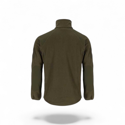 Adversary Force olive green grid fleece tactical jacket, back view showing textured fabric and reinforced elbows.