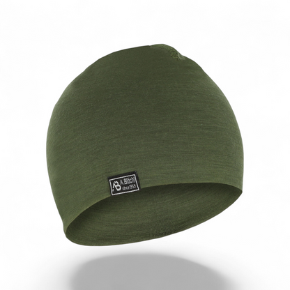 Adversary Force AB Beanie Lite Merino in olive green, a lightweight single-layer wool hat with a small logo tag.