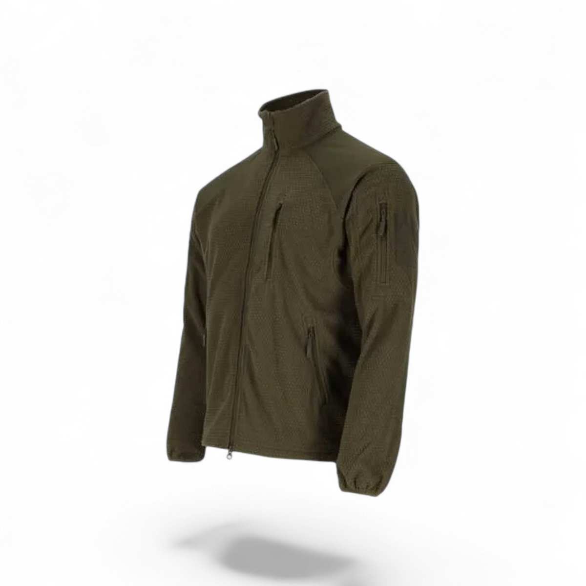 Adversary Force olive green tactical grid fleece jacket with YKK zippers, chest and sleeve pockets, and velcro patches.