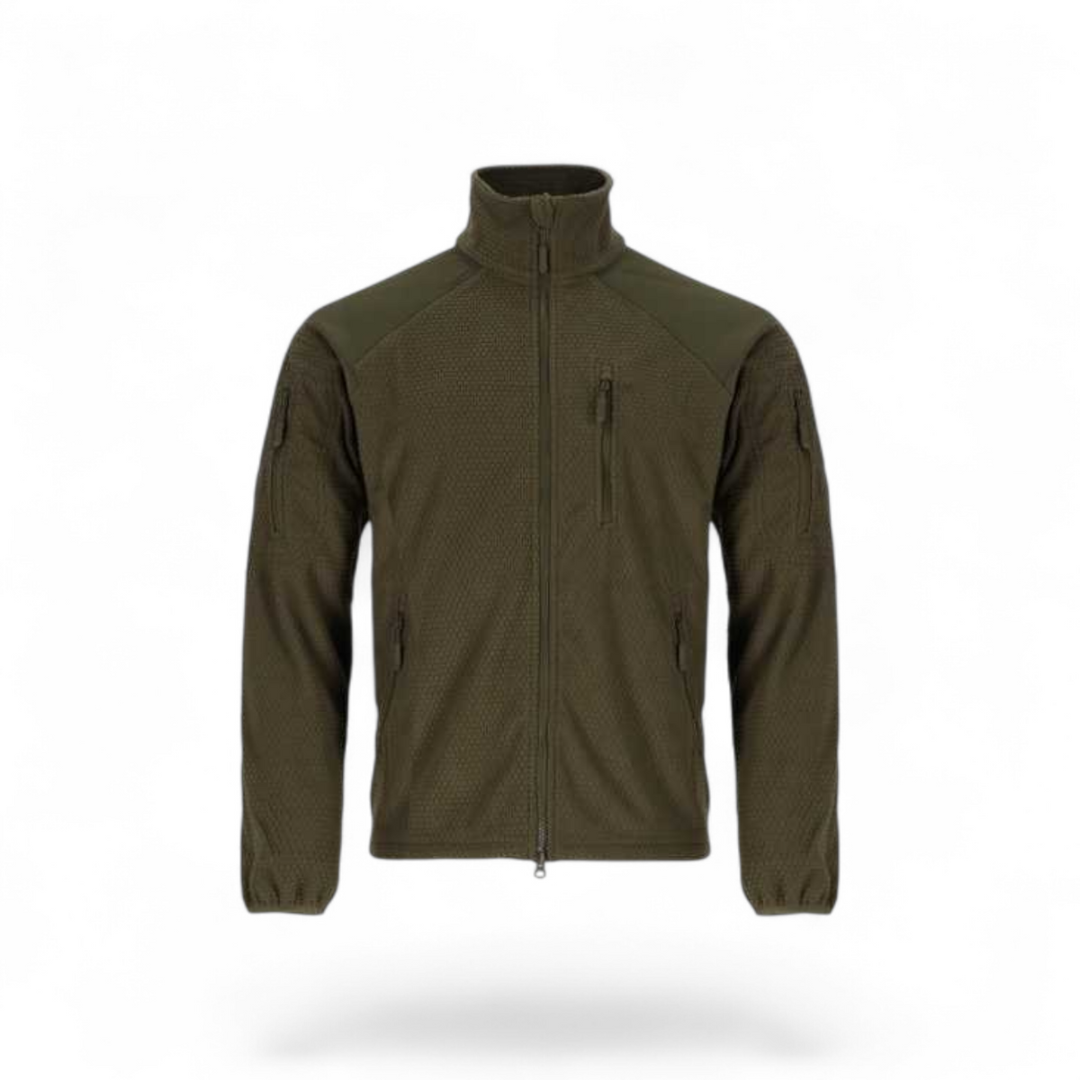Adversary Force olive green tactical grid fleece jacket with chest and arm pockets, front view.