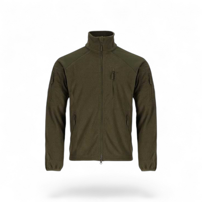 Adversary Force olive green tactical grid fleece jacket with chest and arm pockets, front view.