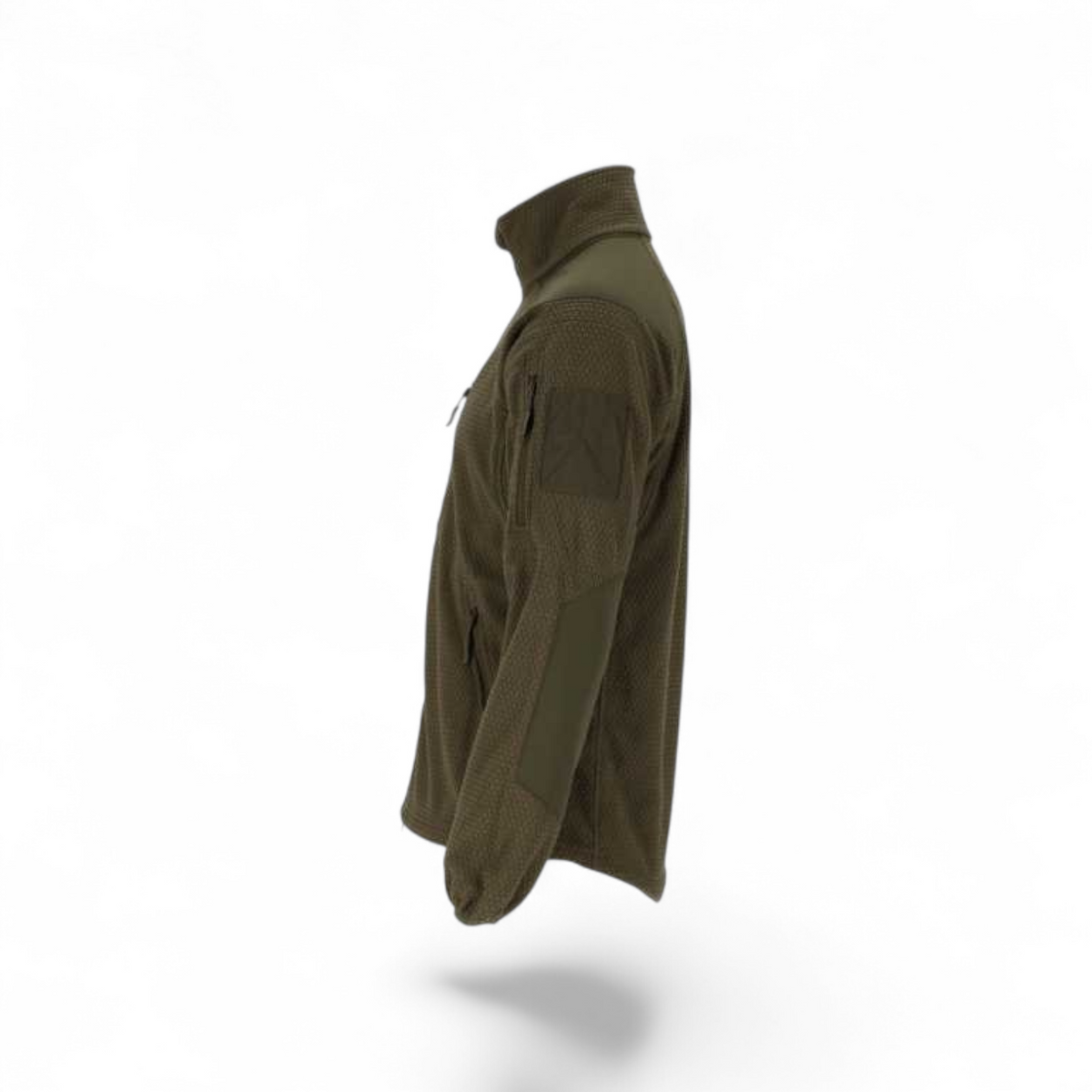 Adversary Force olive green tactical grid fleece jacket with side arm pocket and velcro patch area, side profile view