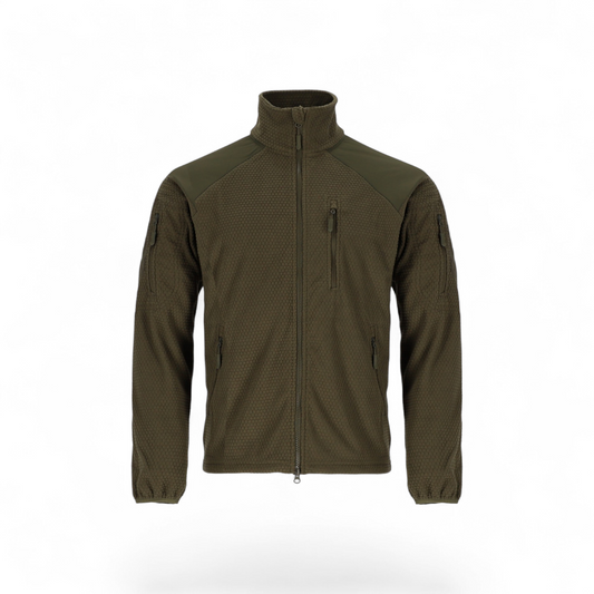 Adversary Force olive green tactical grid fleece jacket with YKK zippers, chest and arm pockets, and shoulder patches.