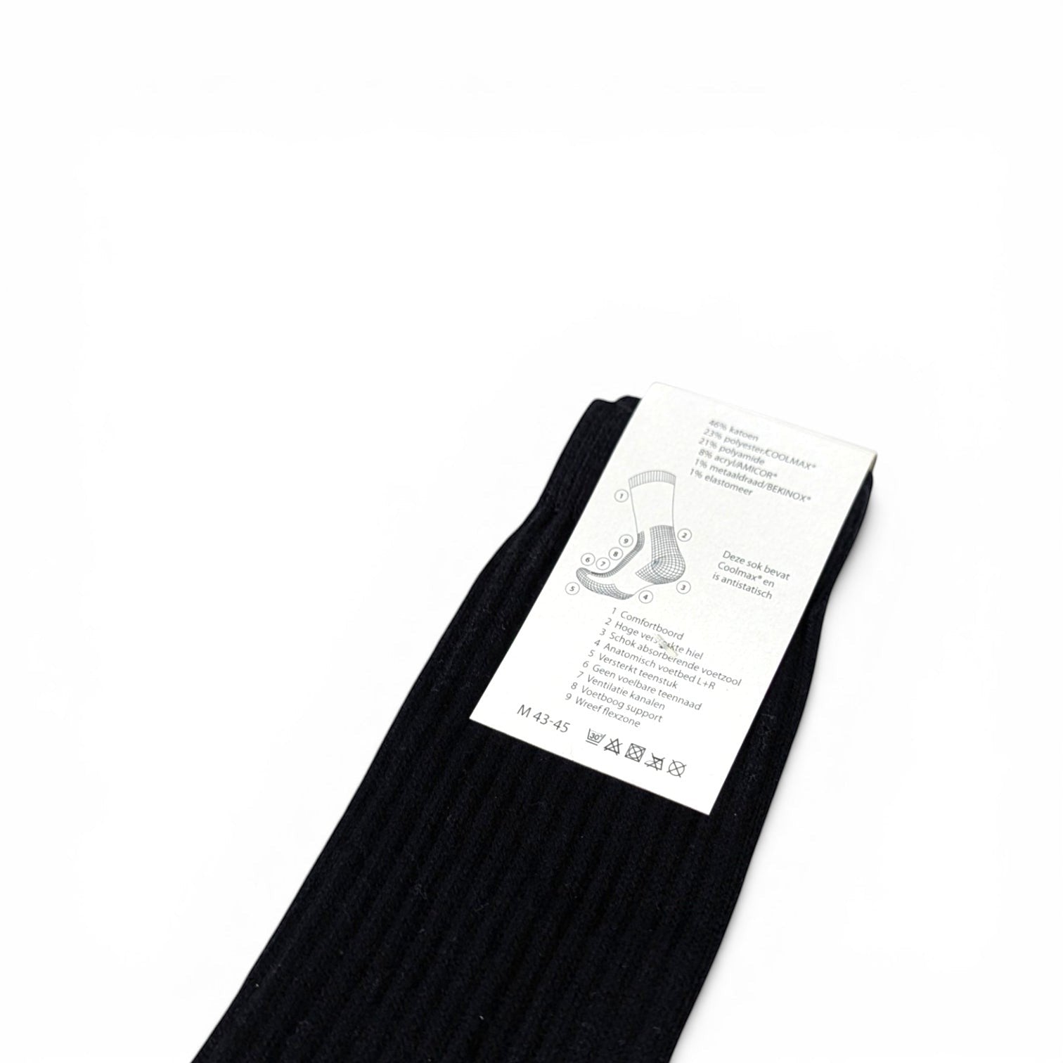 Adversary Force schwarze niederländische Armeesocken mit Produktetikett und technischen Details