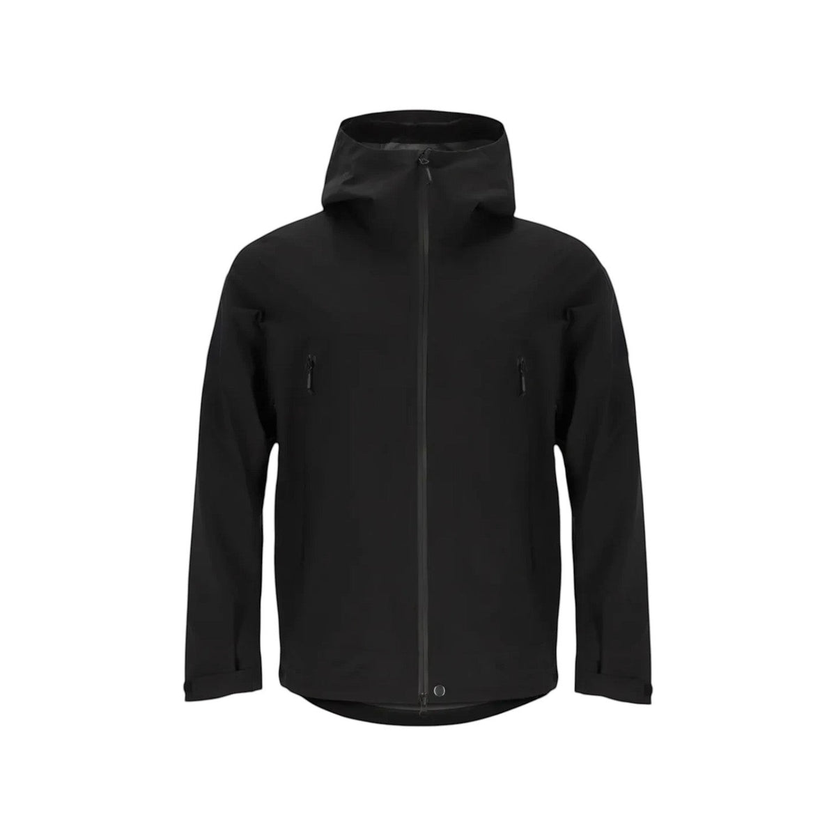 Schwarze Adversary Force Waterproof Jacket Alpha mit Kapuze, wasserdichten YKK-Reißverschlüssen und taktischem Design.