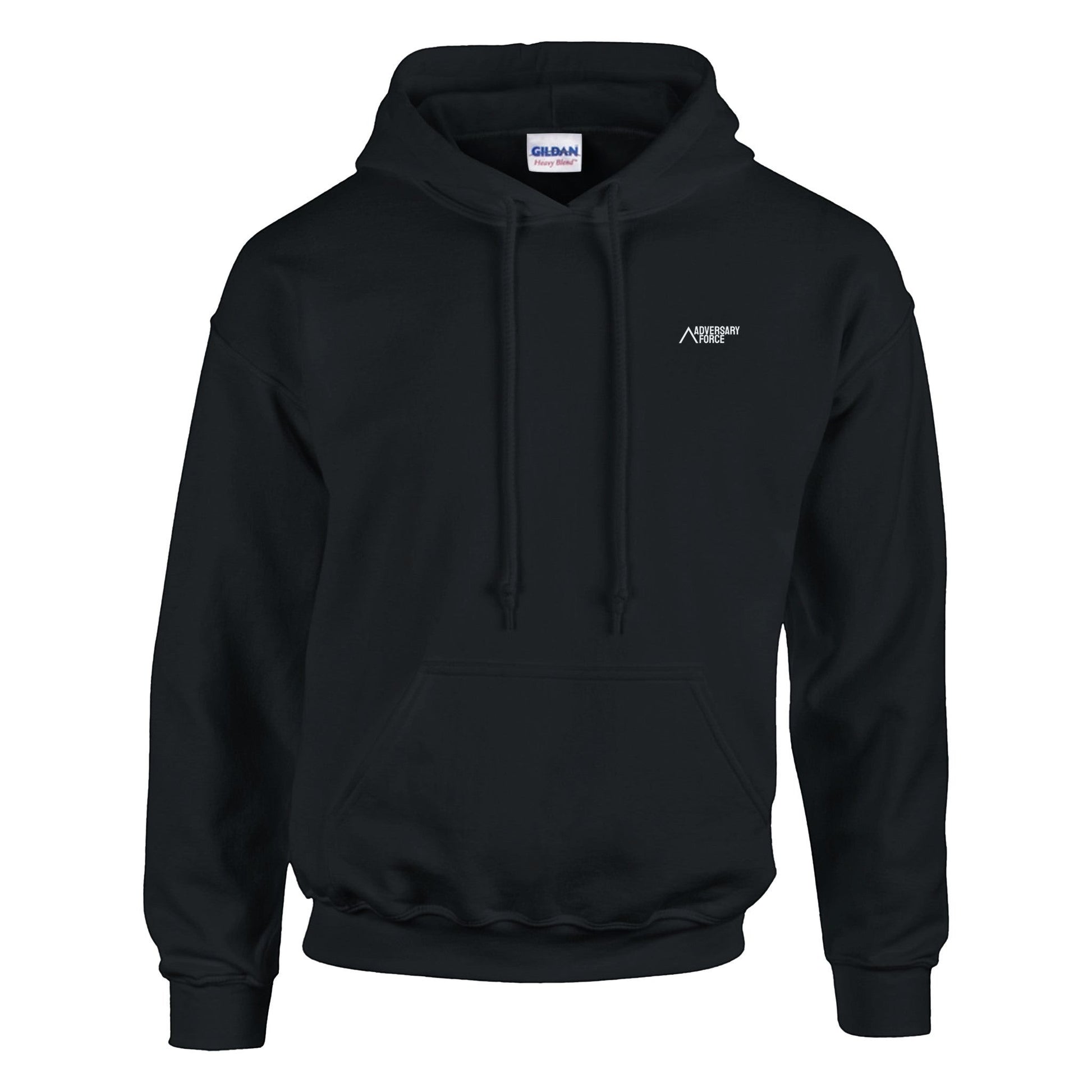 Schwarzer Kapuzenpullover aus Baumwoll-Polyester-Mischgewebe von Adversary Force mit kleinem Logo auf der Brust und Kängurutasche.