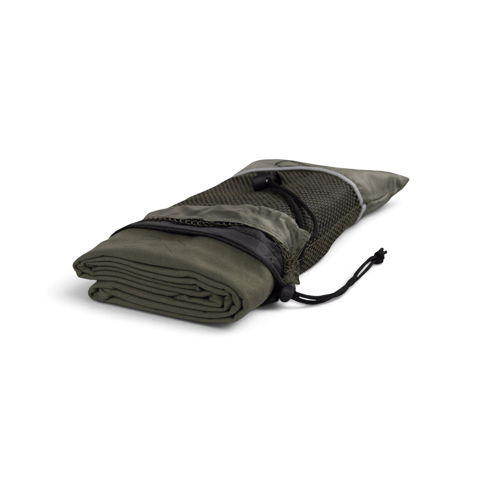 Adversary Force Snugpak Head to Toe olive green microfiber travel towel folded inside its mesh storage bag