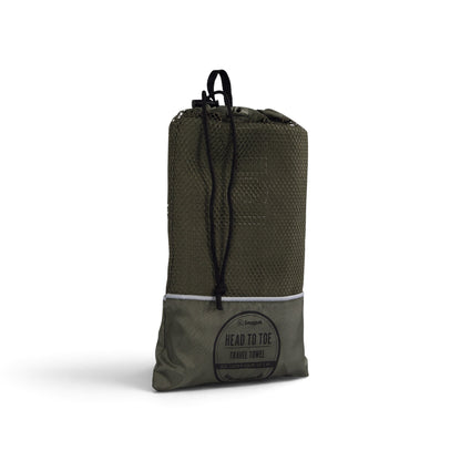 Adversary Force Snugpak Head to Toe olive green microfiber travel towel packed in its mesh storage bag