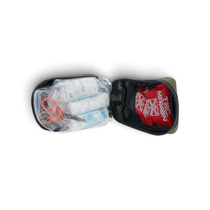Adversary Force TACMAVEN Hippokrates first aid kit open with medical supplies, bandages, and scissors inside.