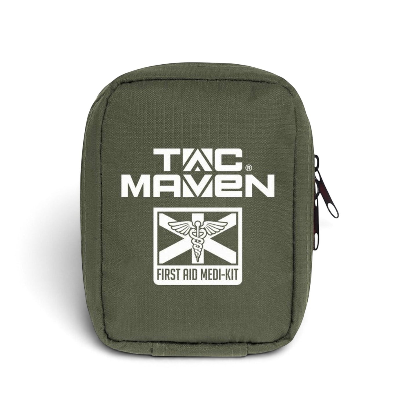 Adversary Force TACMAVEN olive green tactical first aid kit with white logo and MOLLE attachment system