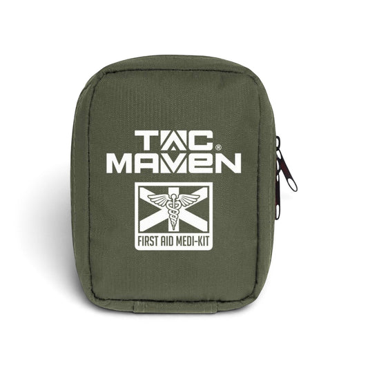 Adversary Force TACMAVEN olive green tactical first aid kit with white logo and MOLLE attachment system