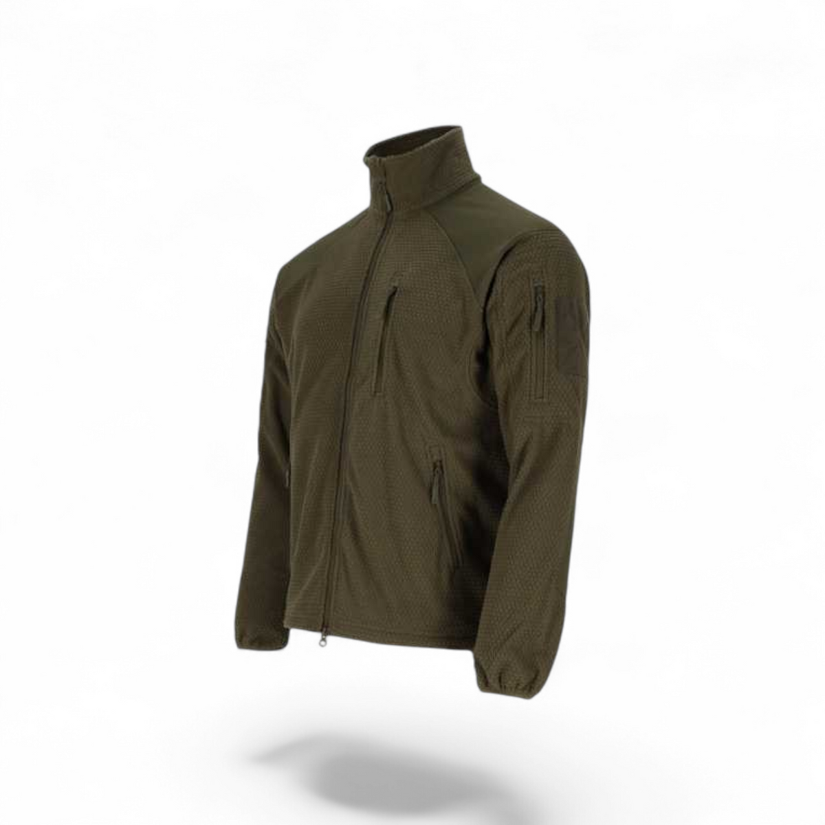 Adversary Force olive green tactical grid fleece jacket with YKK zippers, chest and arm pockets, and velcro patches.