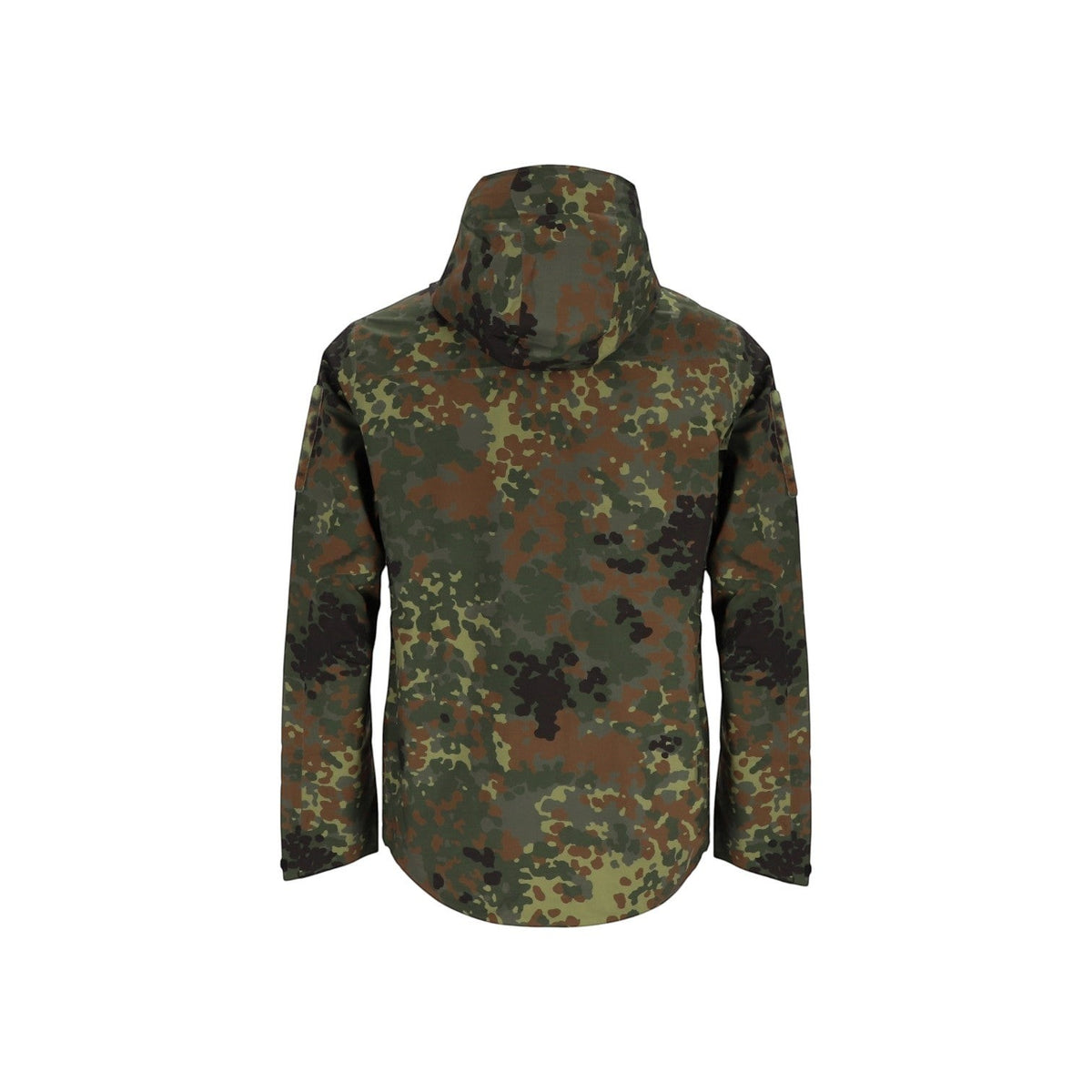 Rückansicht der Adversary Force Waterproof Jacket Alpha in 5FTD Tarnmuster mit Kapuze und taktischem Design